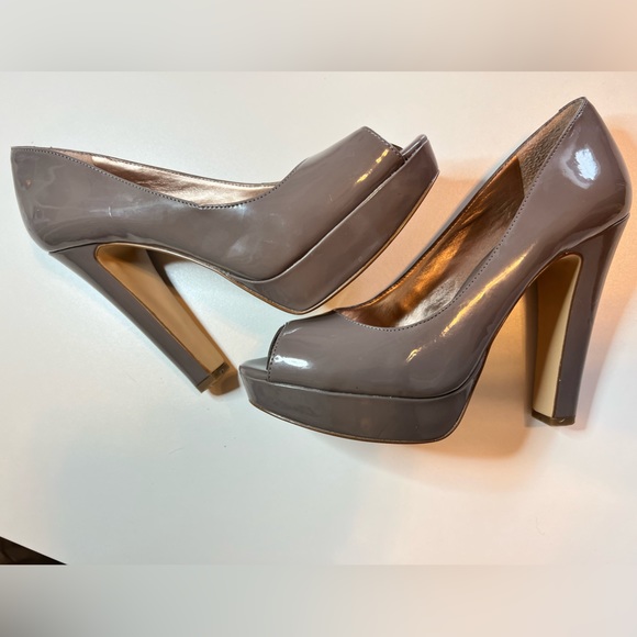 BCBGeneration Jaxx Patent Taupe Peep-Toe, Size 7 - 5” Chunky Heel 1” Platform. - Picture 3 of 10